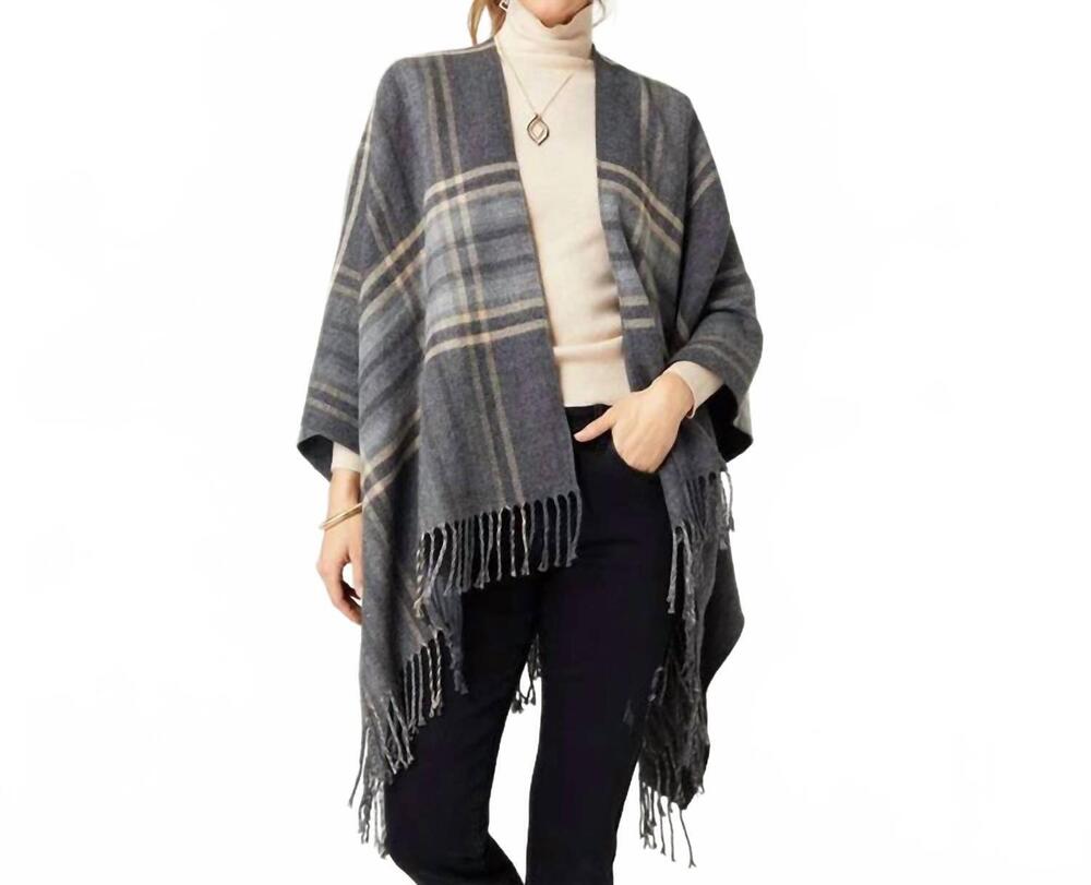 NEW COCO + CARMEN fireside cardigan with fringe in grey plaid